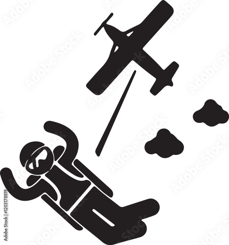 An illustration of a silhouette of a stickman parachuting from an airplane