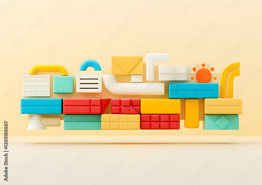 Fototapeta premium Playful Structure Creative Formation. Colorful building blocks on a yellow background. 