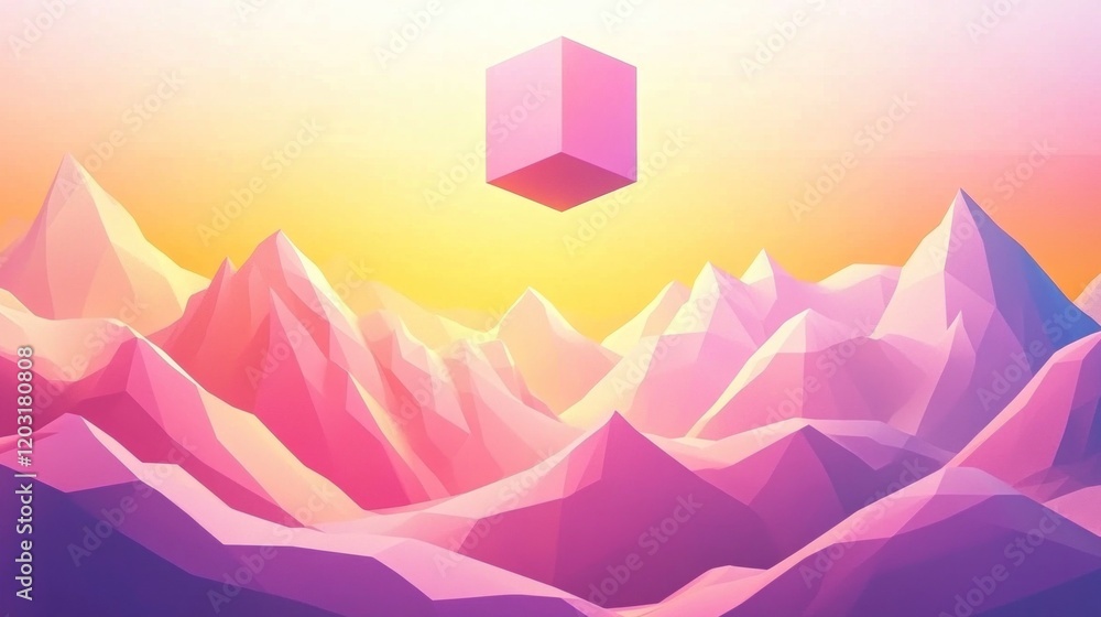 Bright low poly scene with an abstract mountain range in pink and yellow tones, featuring a cube suspended above Bright low poly scene with an abstract mountain range in pink and yellow tones, featuring a cube suspended above