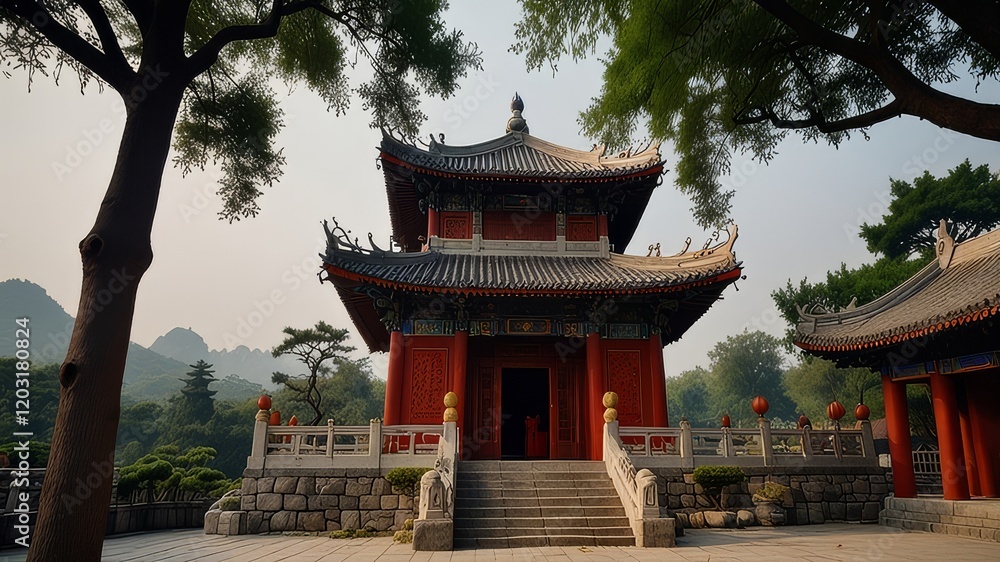 Traditional temple of Chinese peoples with trees Traditional temple of Chinese peoples with trees