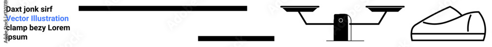 Obraz premium Balance scale with two sides, text blocks, horizontal bars, and a shoe. Ideal for themes related to measurement, balance, comparisons, typography, simplicity, minimalism, and fashion. Landing page