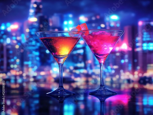Wallpaper Mural Vibrant cocktails gleam brilliantly against a dazzling city nightscape. AI Generated Torontodigital.ca