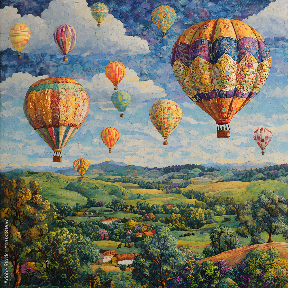 Fototapeta premium A Symphony of Color: Vibrant hot air balloons soar through a picturesque sky, creating a dazzling display of color and pattern against a backdrop of rolling hills and fluffy clouds.