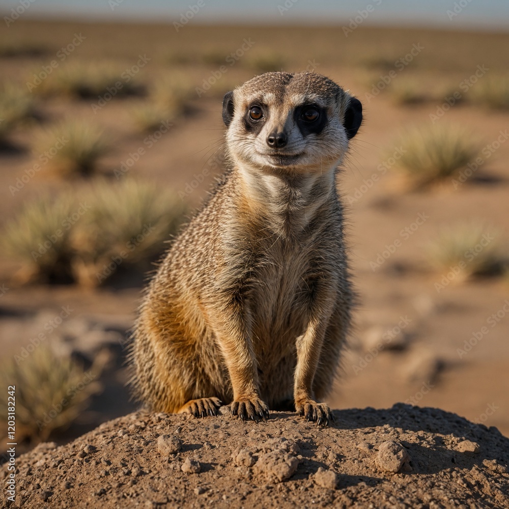 A meerkat standing alert in an arid plain.
A meerkat standing alert in an arid plain.
