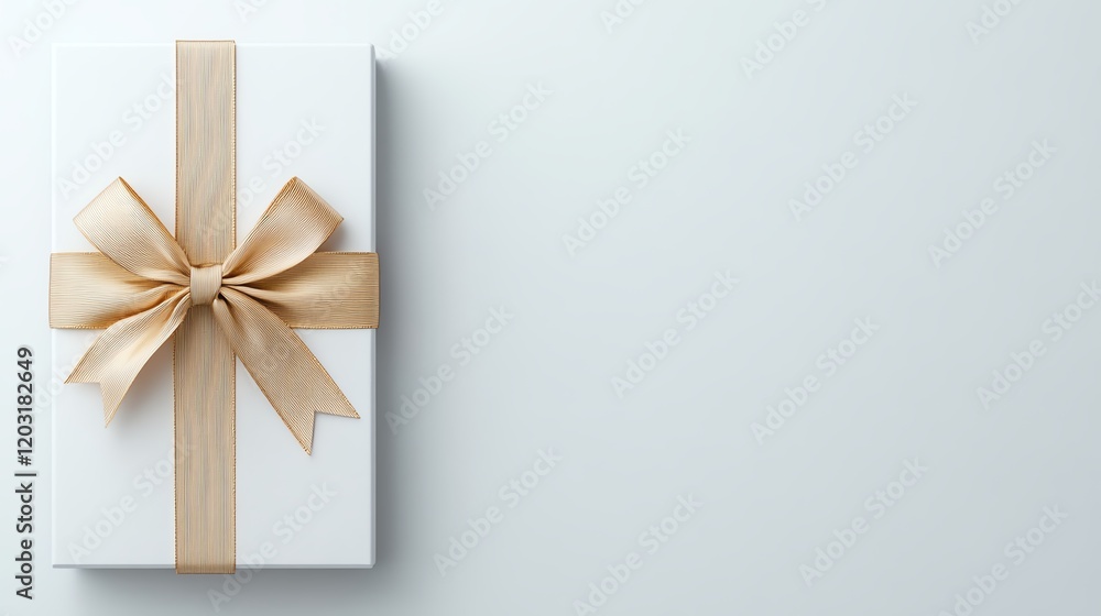 Elegant white gift box with a golden ribbon on a minimalist background, perfect for celebrations and special occasions.