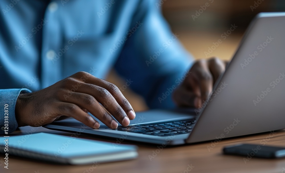 Man typing on laptop at wooden desk Man typing on laptop at wooden desk