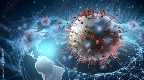 Detailed 3D of a magnified virus particle hovering over a map of Asia and spreading globally representing the concept of a pandemic outbreak disease transmission and international health crisis