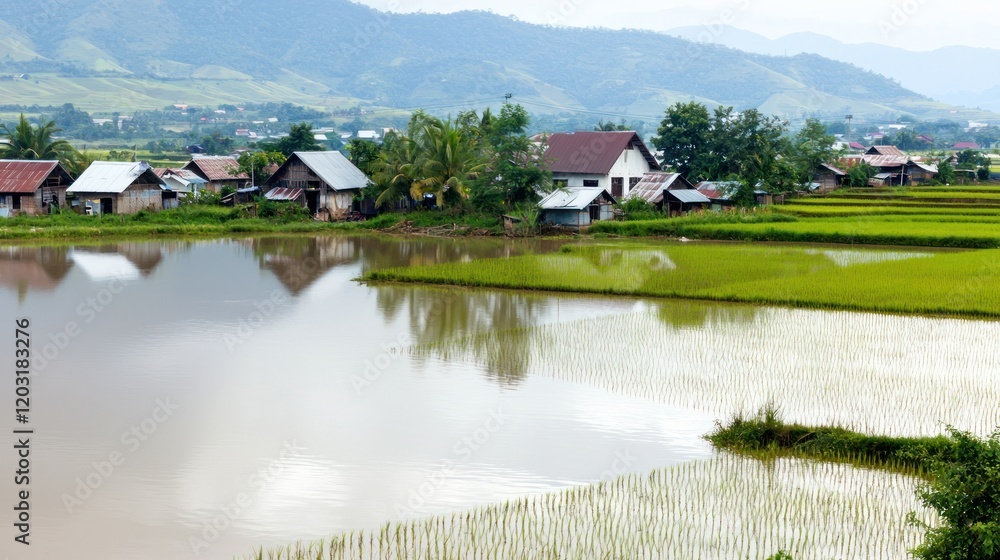 Fototapeta premium Rice Paddies and Village Houses