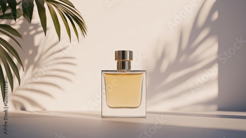 Elegant perfume bottle in sunlight with palm leaf shadow.