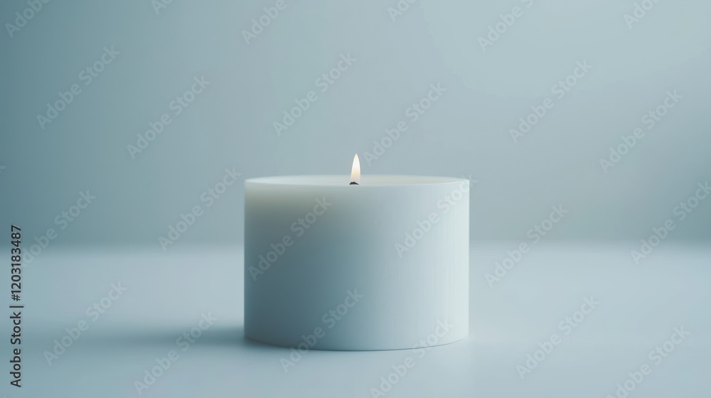Single lit white candle on white surface with light blue background. Single lit white candle on white surface with light blue background.
