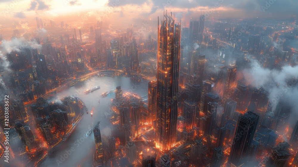 Obraz premium Futuristic city skyline at sunset, with tall skyscraper and river.