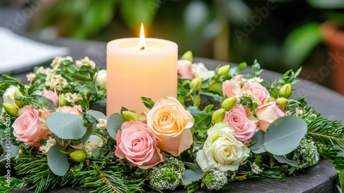 Romantic Floral Arrangement with Candle on Table for Decoration