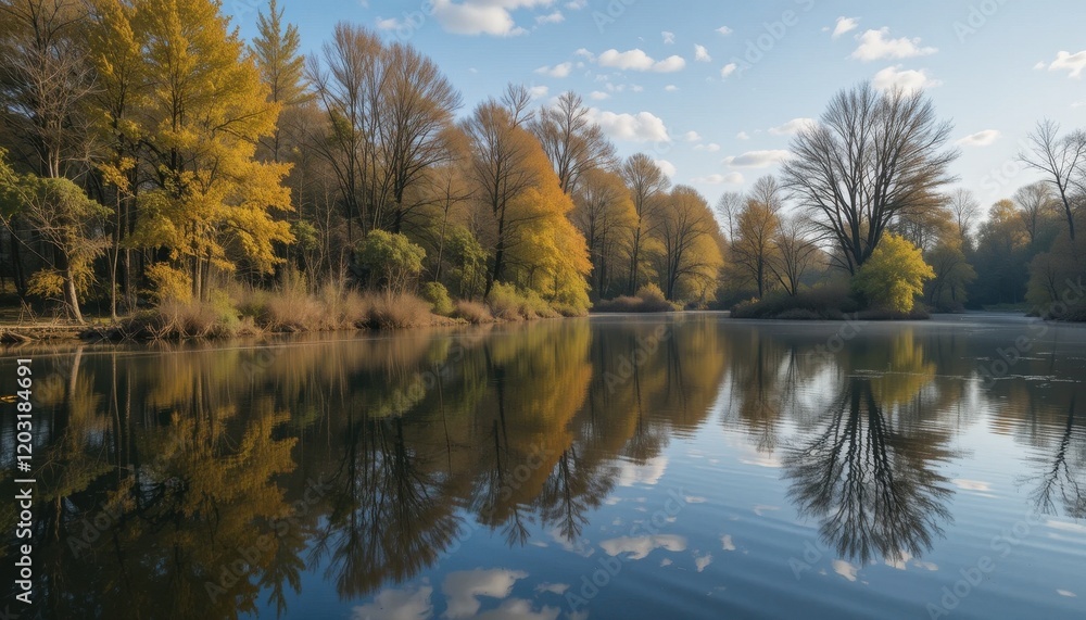 reflection of trees and sky on a calm river surface reflection of trees and sky on a calm river surface