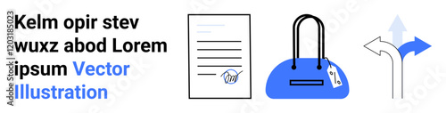Document with stamp, shopping bag with tag, arrows pointing in different directions. Ideal for business, e-commerce, decision making, approvals, shopping navigation and choices. Landing page