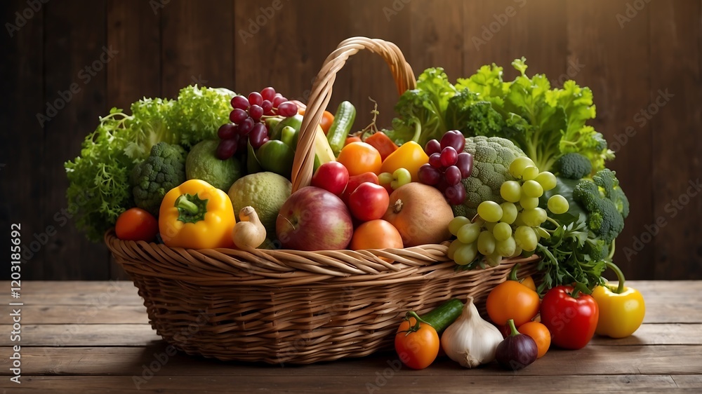 Harvest basket with apples, grapes, bananas and vegetables Harvest basket with apples, grapes, bananas and vegetables