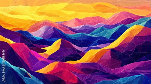 Low poly art featuring colorful hills in purple, yellow, and blue, with abstract geometric lines enhancing the vibrant background