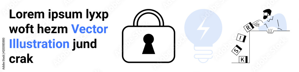 Lock symbol representing cybersecurity, light bulb indicating innovation, and person balancing risk blocks. Ideal for online security, data protection, innovation strategies, technological Lock symbol representing cybersecurity, light bulb indicating innovation, and person balancing risk blocks. Ideal for online security, data protection, innovation strategies, technological