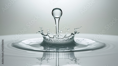 Water droplet drop splash collision dripping pillar reflection refraction,  water splash isolated on white background, Dancing Element, Water and Air Bubbles in a Fluid Ballet