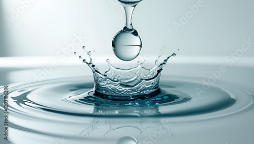 Water droplet drop splash collision dripping pillar reflection refraction,  water splash isolated on white background, Dancing Element, Water and Air Bubbles in a Fluid Ballet