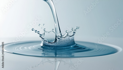 Water droplet drop splash collision dripping pillar reflection refraction,  water splash isolated on white background, Dancing Element, Water and Air Bubbles in a Fluid Ballet