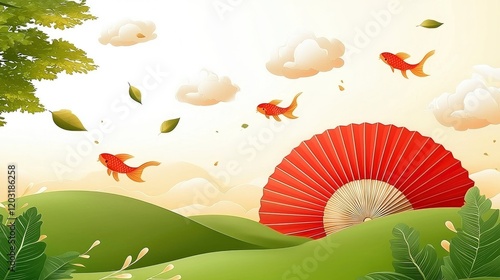 Serene Spring Landscape with Koi Fish and Red Fan Asian-Inspired Illustration photo