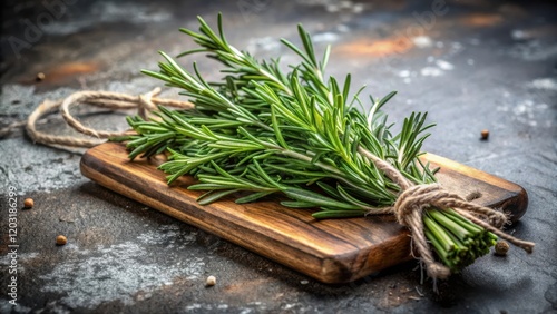 A fragrant bundle of fresh rosemary herbs tied with twine and placed on a wooden cutting board against a rustic stone background , fragrant herbs, rustic background