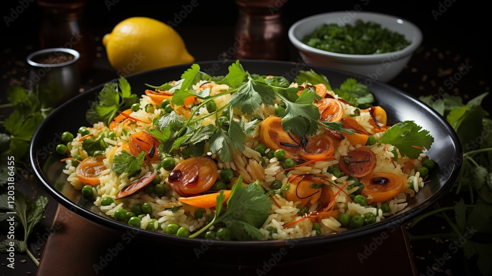 Fresh salad with vegetables, chicken, and cheese served on a plate with rice and pepper Fresh salad with vegetables, chicken, and cheese served on a plate with rice and pepper