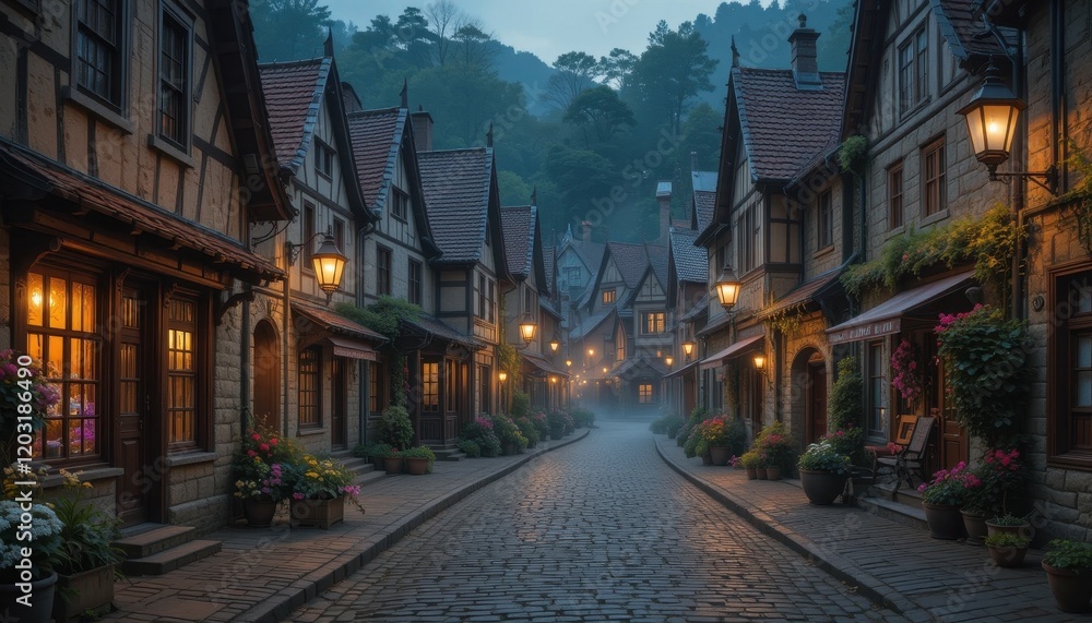 Fototapeta premium small-town scenes with cobblestone streets and vintage lamps