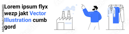 Factory worker in blue outfit pointing towards industrial plant emitting smoke with factory equipment in background. Ideal for manufacturing, industrial automation, labor force, production