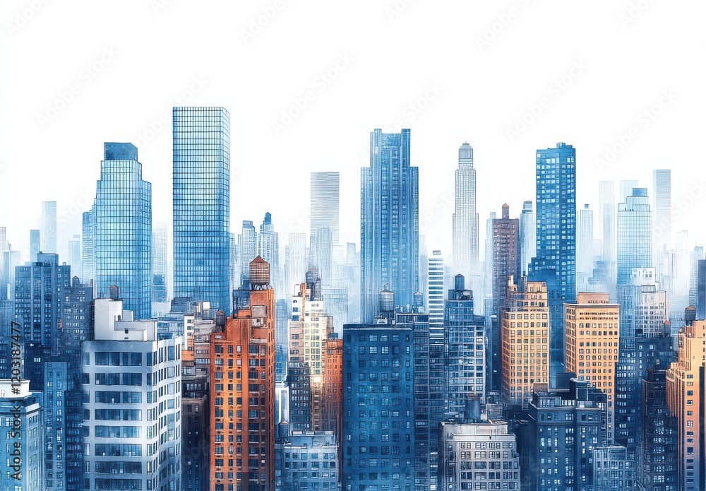 Fototapeta premium Urban Cityscape with Tall Skyscrapers and Modern Architecture Under Bright Blue Sky, Capturing Vibrant Urban Life and Dynamic City Atmosphere in Daylight