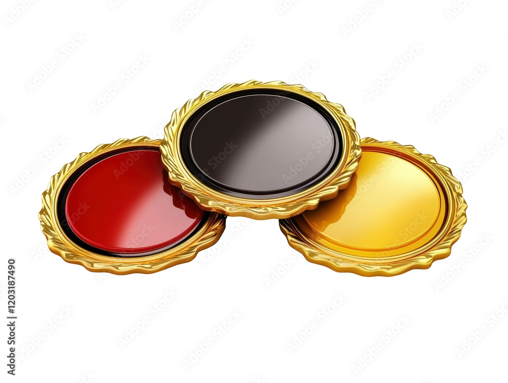 Isolated Three Golden Medals with Red, Black and Yellow Center Isolated Three Golden Medals with Red, Black and Yellow Center