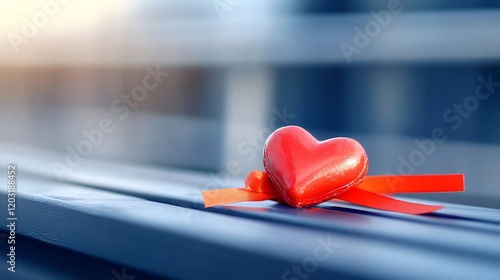 Romantic red heart rests gently on blue bench bathed in soft sunlight. AI Generated