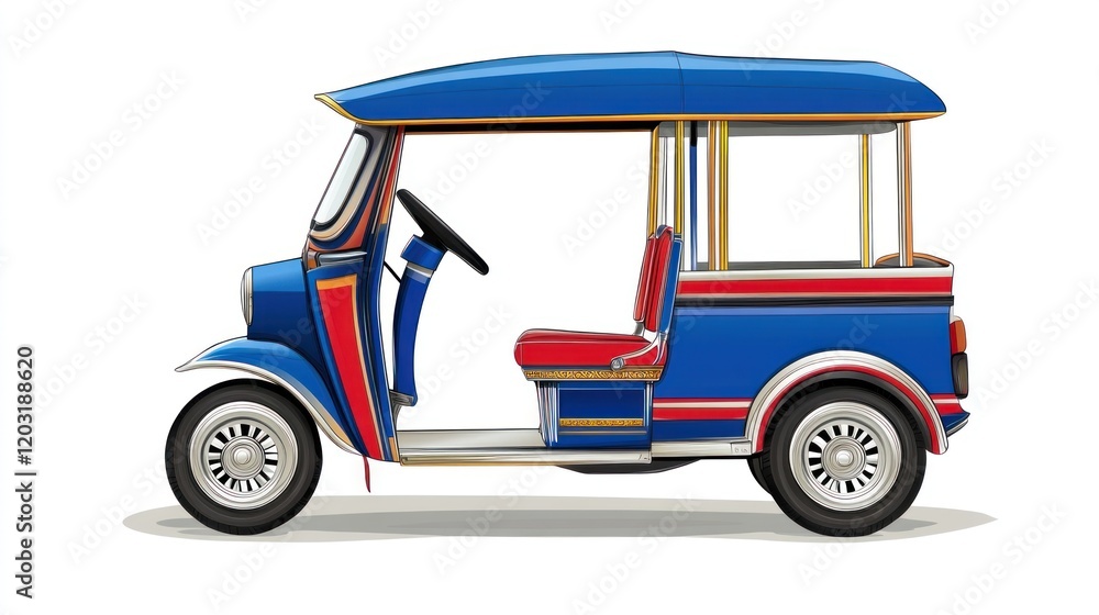Obraz premium Traditional Thai tuk-tuk in blue, red, and white, drawn as a vector design with iconic one-front and two-rear wheel structure, on white background