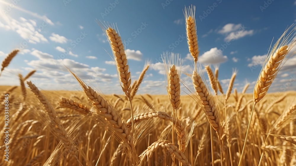 Fototapeta premium Golden Wheat Field Under a Bright Blue Sky with Fluffy Clouds and Sunlit Grain Stalks in Sharp Detail