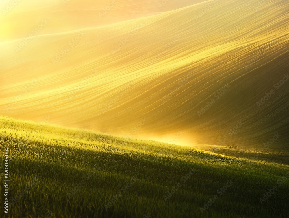 Obraz premium Golden Hour Landscape: Soft sunlight bathes gently sloping green hills creating a serene and peaceful atmosphere.. AI Generated