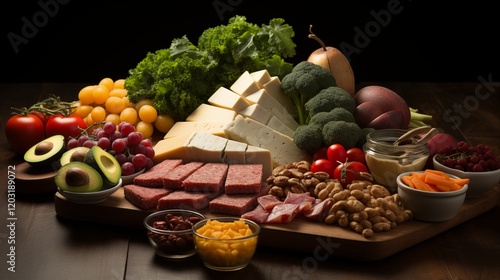 Fresh fruits and vegetables on a table at a market with a variety of healthy and organic options like apples, oranges, and greens for a nutritious meal or snack photo