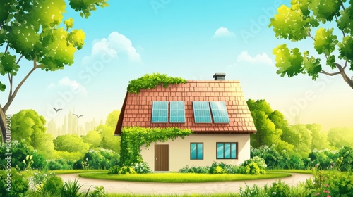 Wallpaper Mural Cozy eco-friendly house surrounded by lush greenery and solar panels in a serene landscape Torontodigital.ca