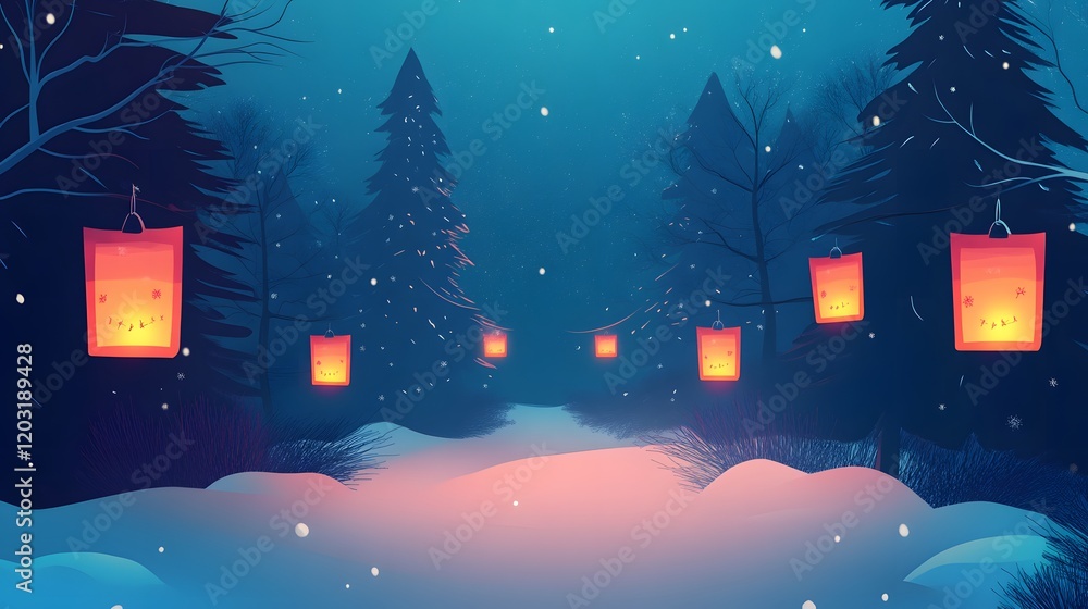 Naklejka premium Enchanting lantern festival in a snowy forest at night mystical and serene atmosphere digital artwork