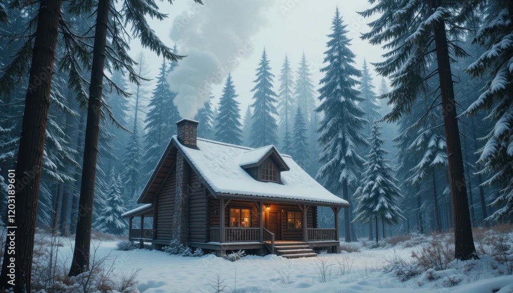 a cozy cabin with smoke rising from its chimney in a snowy forest a cozy cabin with smoke rising from its chimney in a snowy forest