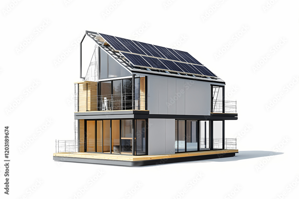 3D illustration of a modern house with solar panels on the roof and blueprints under construction 3D illustration of a modern house with solar panels on the roof and blueprints under construction