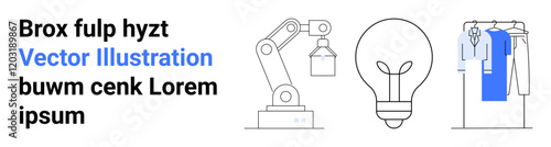 Industrial robotic arm holding object, large light bulb outline, clothes on hangers with shirts in blue, and mixed text blocks. Ideal for technology, innovation, manufacturing, fashion, engineering