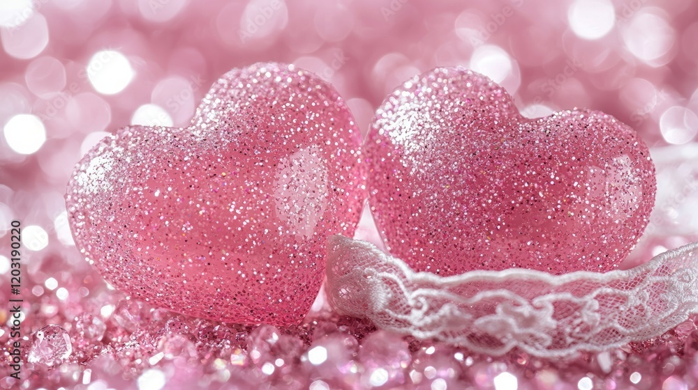 Obraz premium Pink glitter hearts, lace, bokeh background; Valentine's Day card