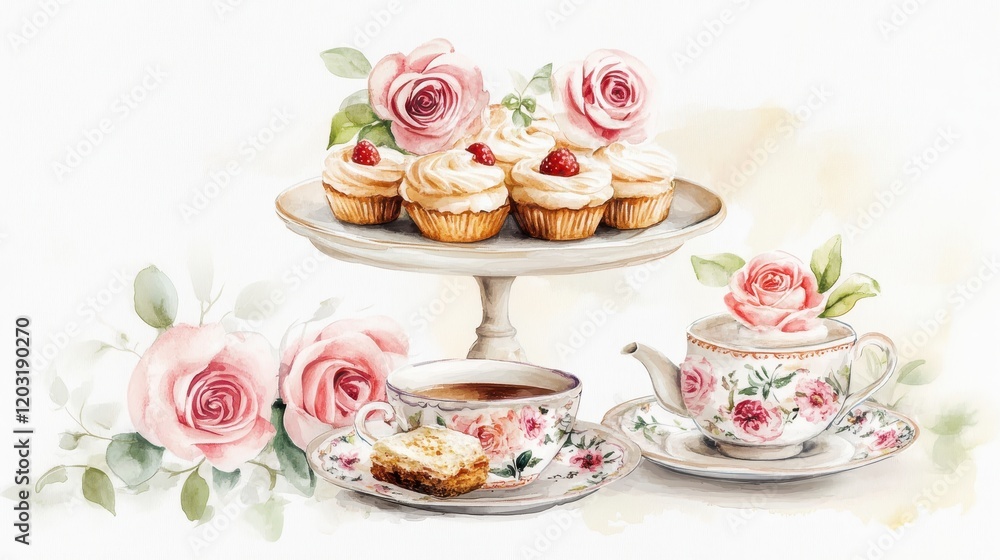 Watercolor illustration of British afternoon tea,tea break in the English style,tea set with Afternoon tea stand with macaroons and scone,cake,cup of tea,Tea time dessert table,vintage style. Watercolor illustration of British afternoon tea,tea break in the English style,tea set with Afternoon tea stand with macaroons and scone,cake,cup of tea,Tea time dessert table,vintage style.