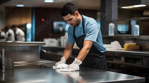 A professional cleaner diligently wiping down and disinfecting a stainless steel countertop in a busy restaurant kitchen to maintain high standards of cleanliness and food safety