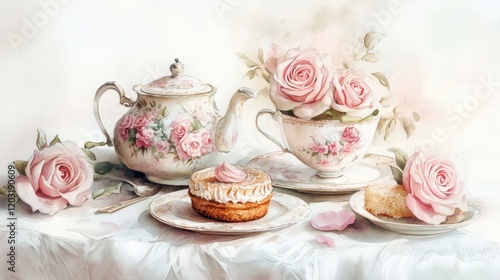 Wallpaper Mural Watercolor illustration of British afternoon tea,tea break in the English style,tea set with Afternoon tea stand with macaroons and scone,cake,cup of tea,Tea time dessert table,vintage style. Torontodigital.ca