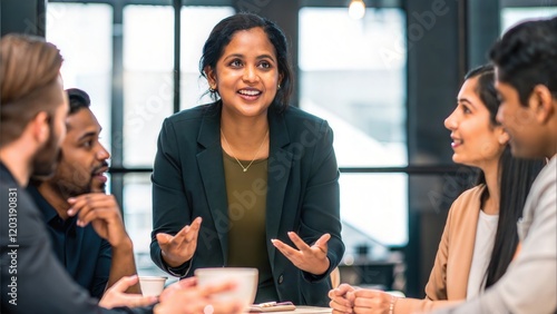 Inclusive Leadership Scene – An Indian female manager leading a team meeting.
