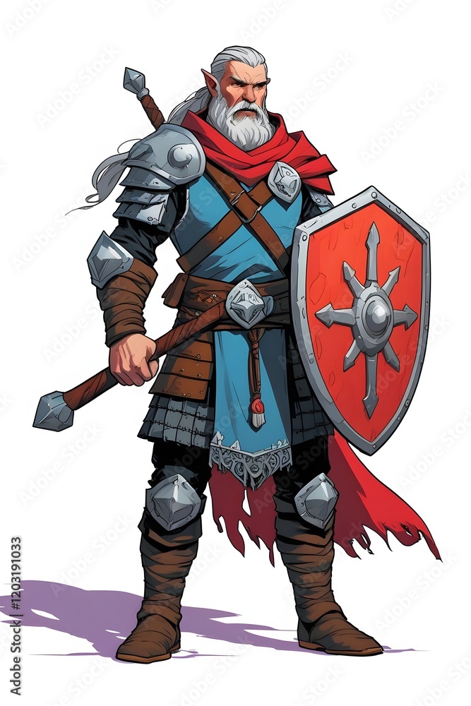 Obraz premium Veteran dwarf warrior with a white beard, battle axe, and red shield, dressed in armor and a cape, exuding strength and leadership. 