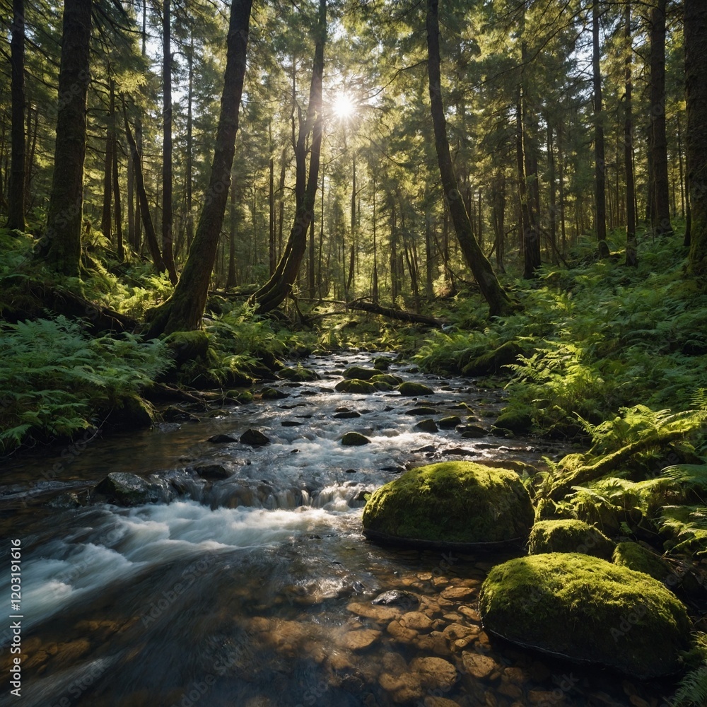 A dense forest with a clear stream running through it and a sunny sky above. A dense forest with a clear stream running through it and a sunny sky above.
