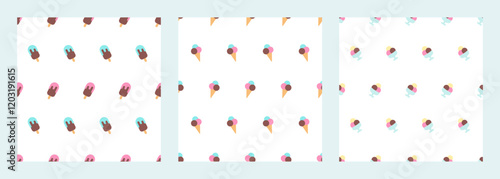 Ice cream seamless pattern set. Different types of ice cream. In cup, scoops in cone and popsicle. Pattern for summer prints, posters, wrapping paper, wallpaper, children textile, covers, phone cases