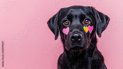 A black Labrador Retriever with colorful heart stickers on its cheeks, set against a pink background. photo